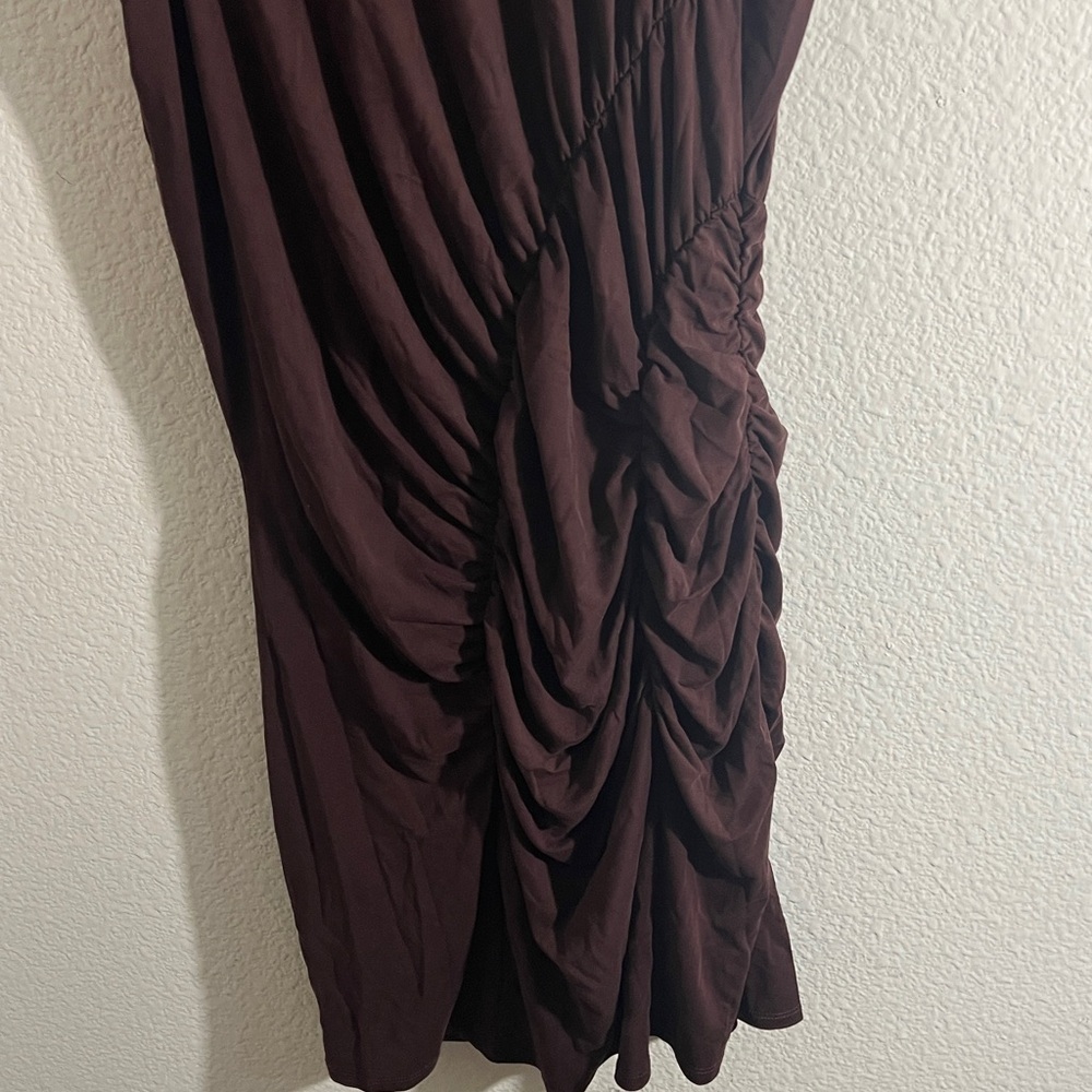 Anthropologie women’s Sz 2X Sleeveless Mock Neck Ruched Midi Dress Brown Bodycon - Picture 10 of 13